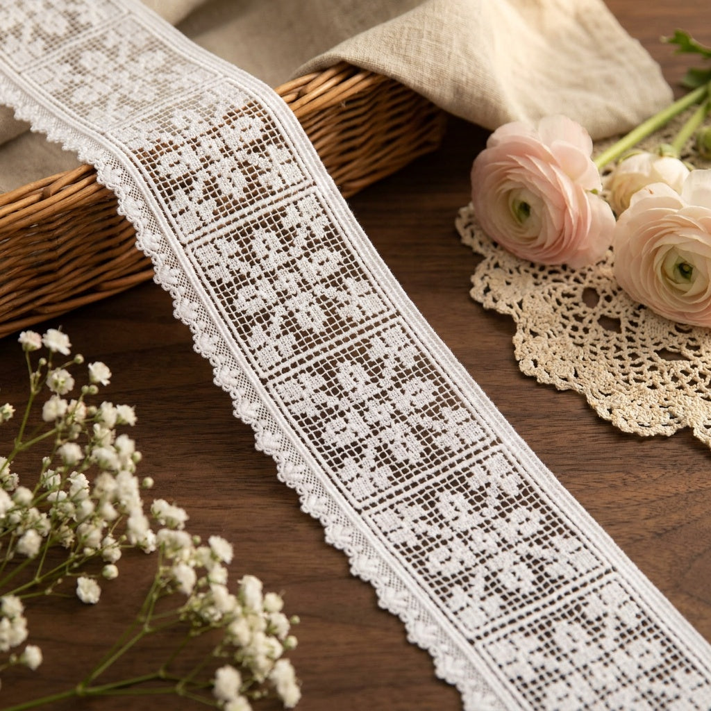 LaceCraze White Grid Floral Scallop Lace Trim