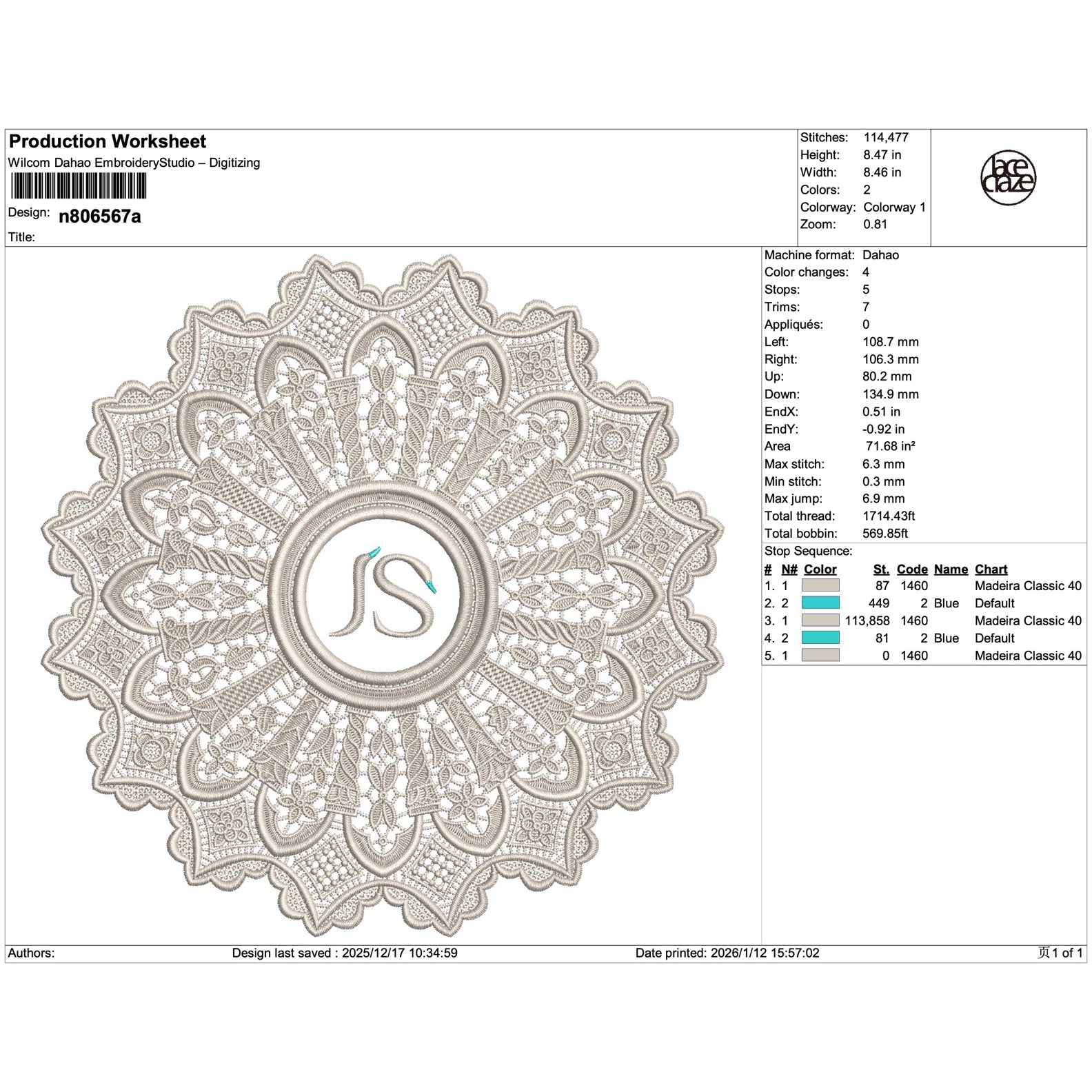 Monogrammed Mandala Lace Medallion Embroidery-N806567A